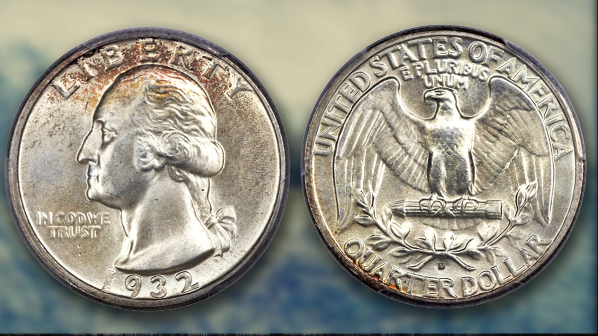 1932 Washington Quarter comparison: Philadelphia (no mint mark) versus Denver 1932-D key date, showing mint mark location