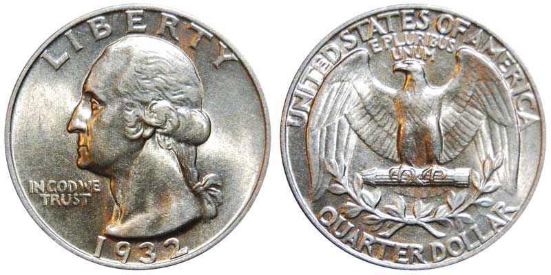Group of 1932 Washington Quarters showing all three mint marks: Philadelphia (no mark), Denver (D), and San Francisco (S)