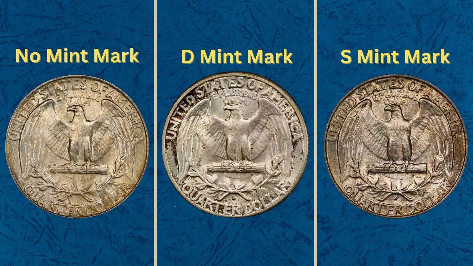 1932 Washington Quarter grading strip showing four condition tiers from heavily worn Good to Gem Mint State